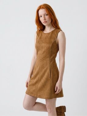 Celeb Faux Suede Fit & Flare Dress with Pockets Camel Size S